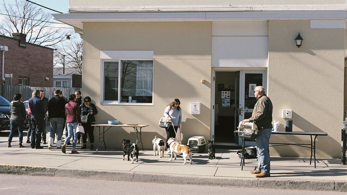 People with dogs and cat carriers waiting outside a modest community veterinary clinic on a sunny morning