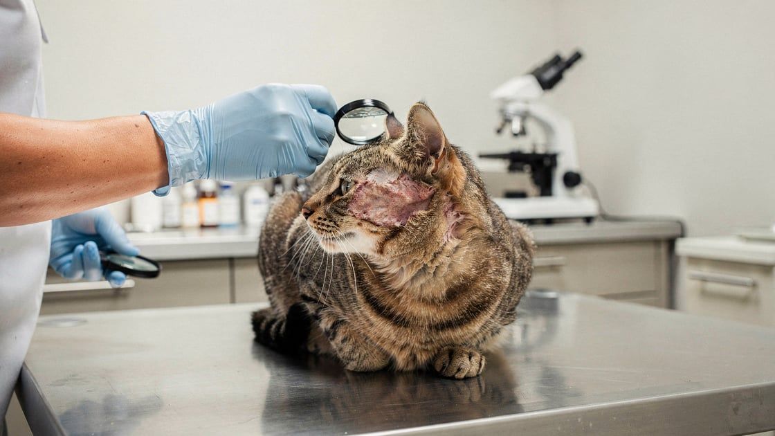 Veterinary dermatologist examining feline mange with magnifying loupe