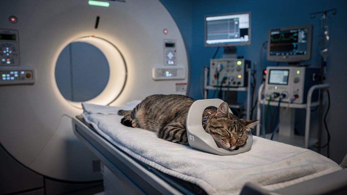 Veterinary MRI scanner imaging a sedated cat in an imaging suite