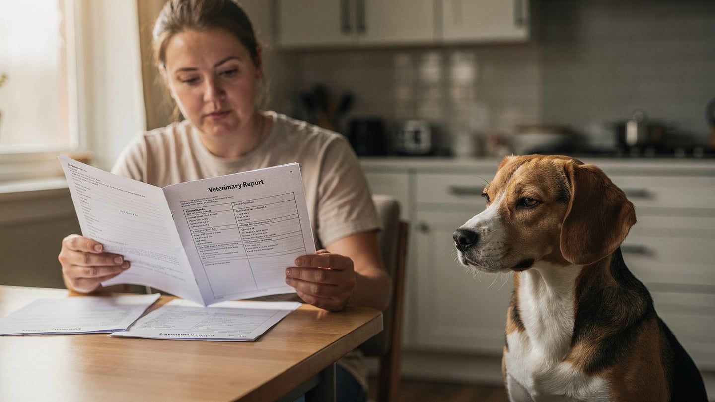 Curable pre-existing conditions - owner reading vet records with calm beagle beside
