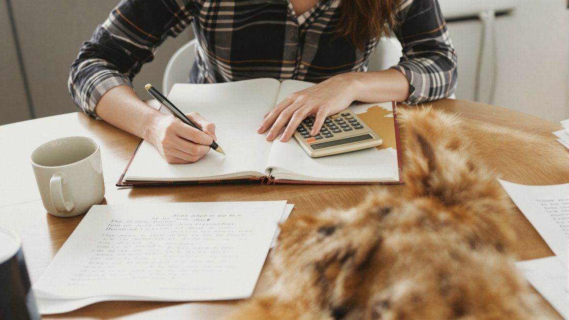 Pet insurance deductible vs copay - laptop with comparison spreadsheet and dog beside owner