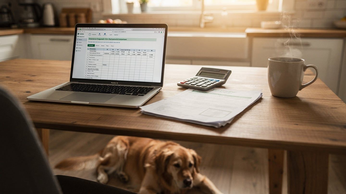 Pet insurance deductible vs copay - laptop with comparison spreadsheet and dog beside owner