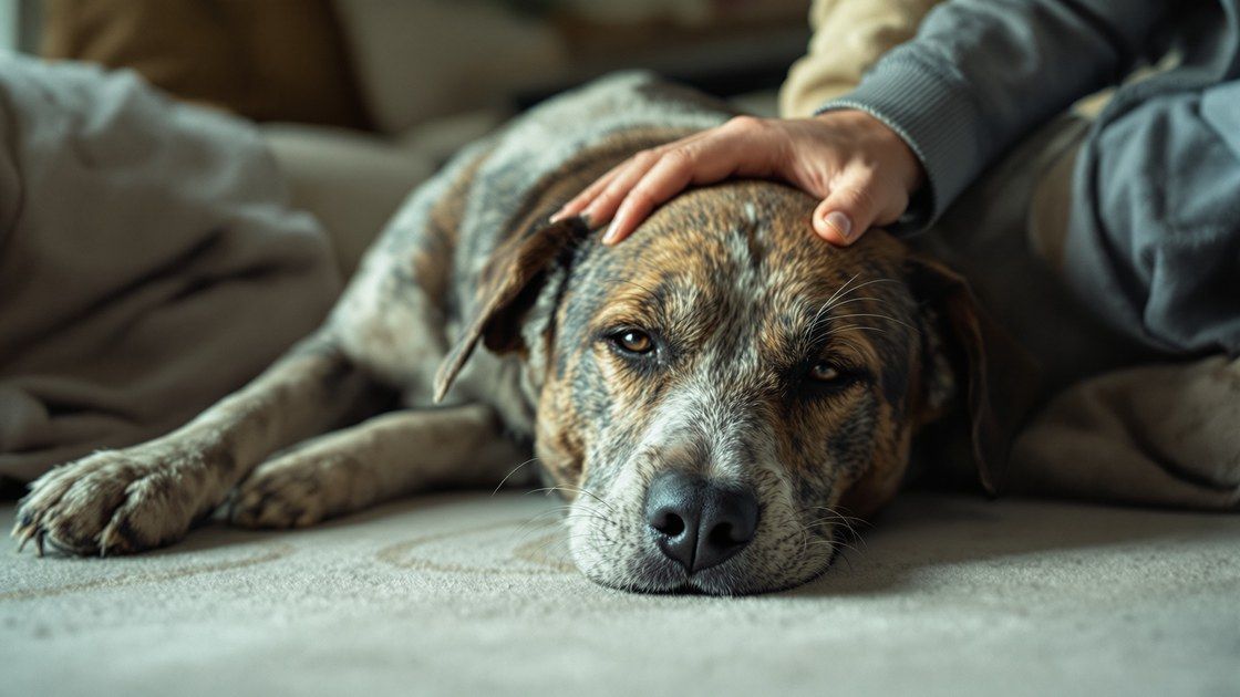 Senior dog resting with its owner - deciding on pet insurance for an older dog
