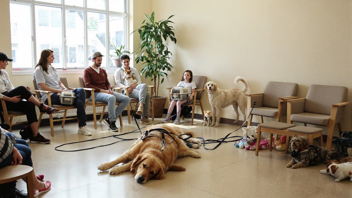 Busy veterinary waiting room with people, dogs and cat carriers seen from the reception desk