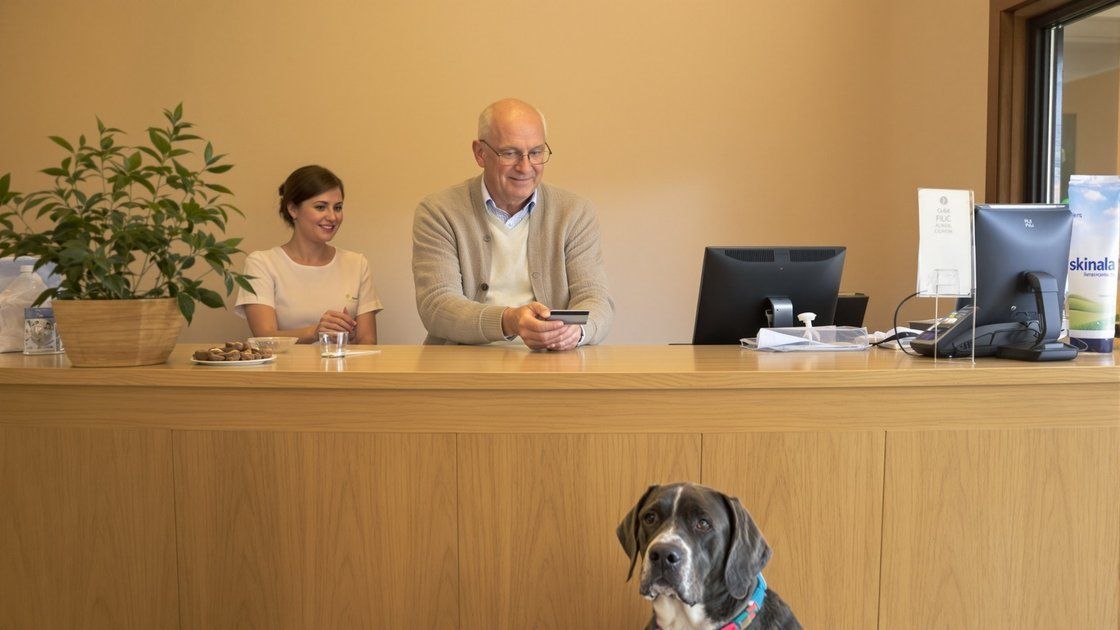 Senior man paying by card at a clinic counter with his grey-faced beagle at his feet