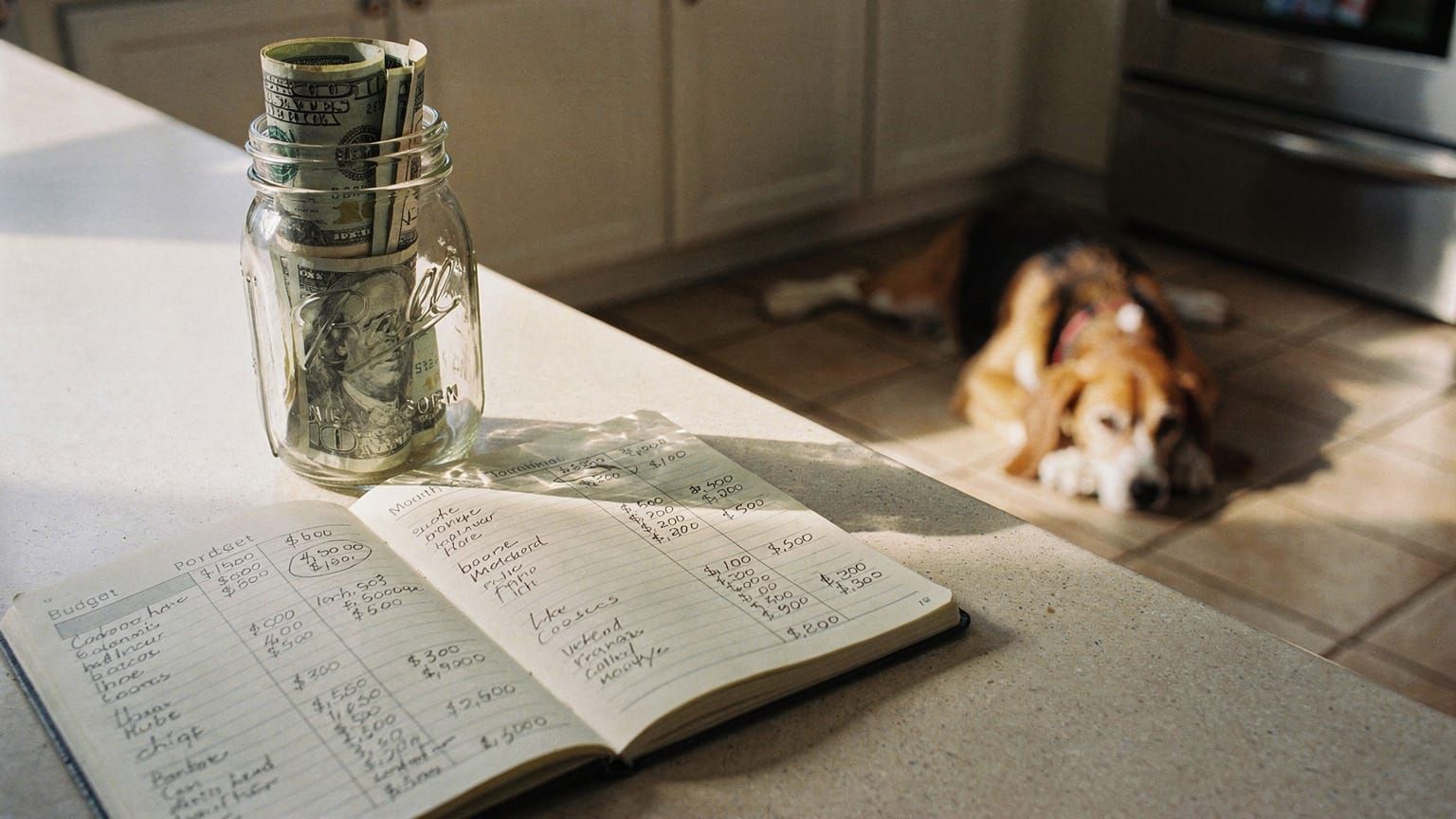 Pet insurance vs savings - handwritten budget notebook beside a cash jar with dog nearby