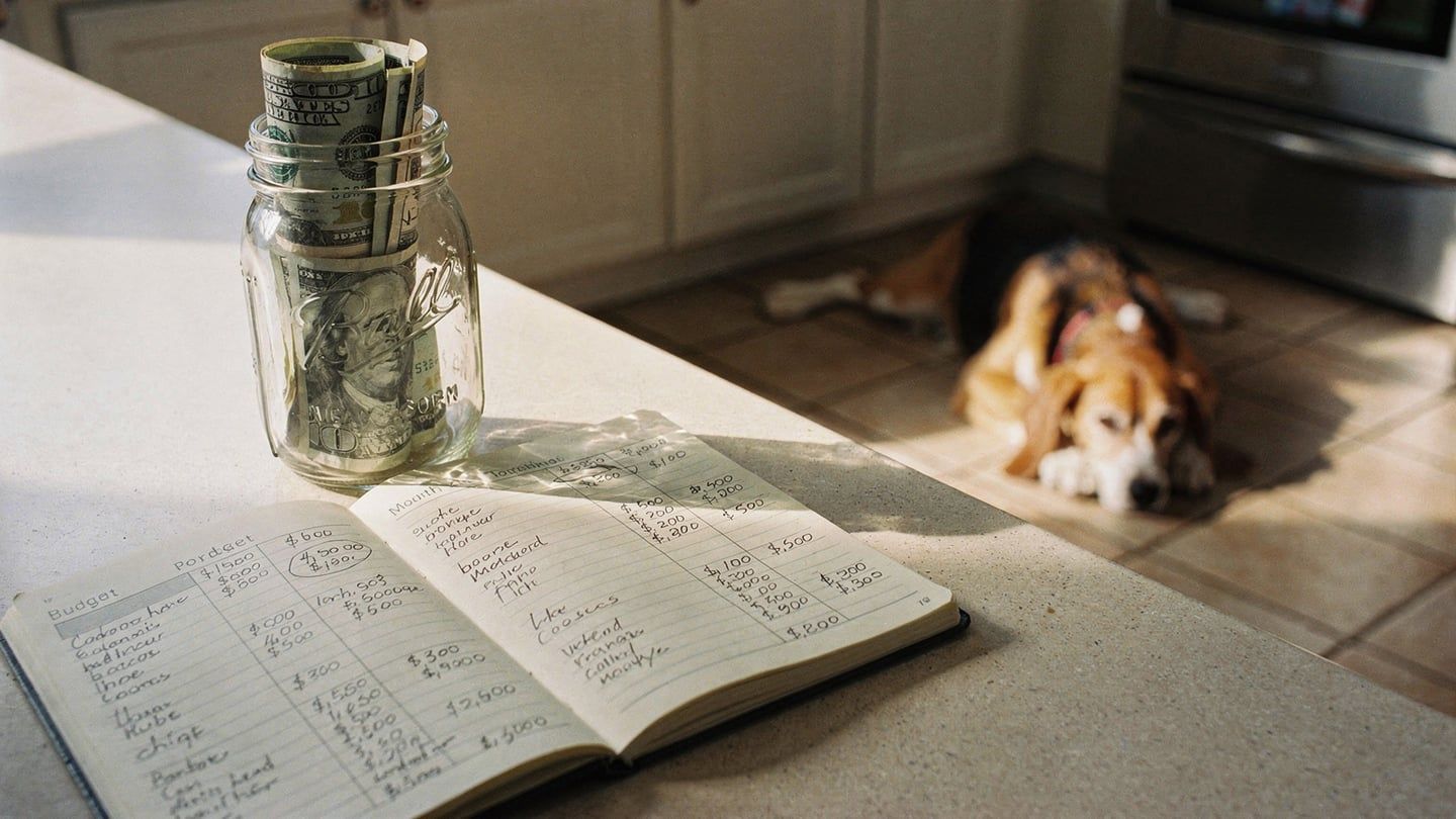 Pet insurance vs savings - handwritten budget notebook beside a cash jar with dog nearby
