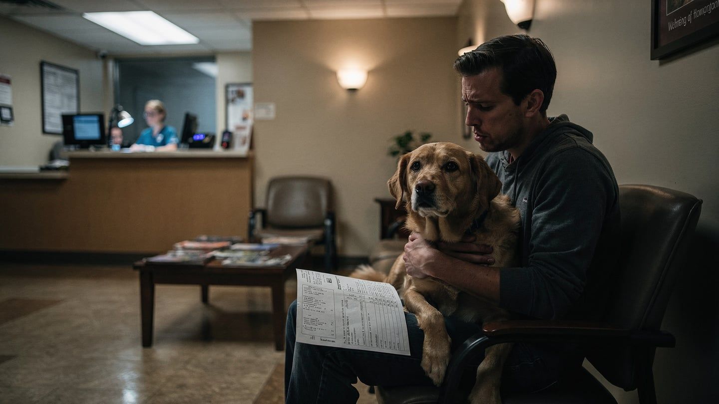 Pet insurance vs savings - owner with dog facing an emergency vet bill in late-night waiting room