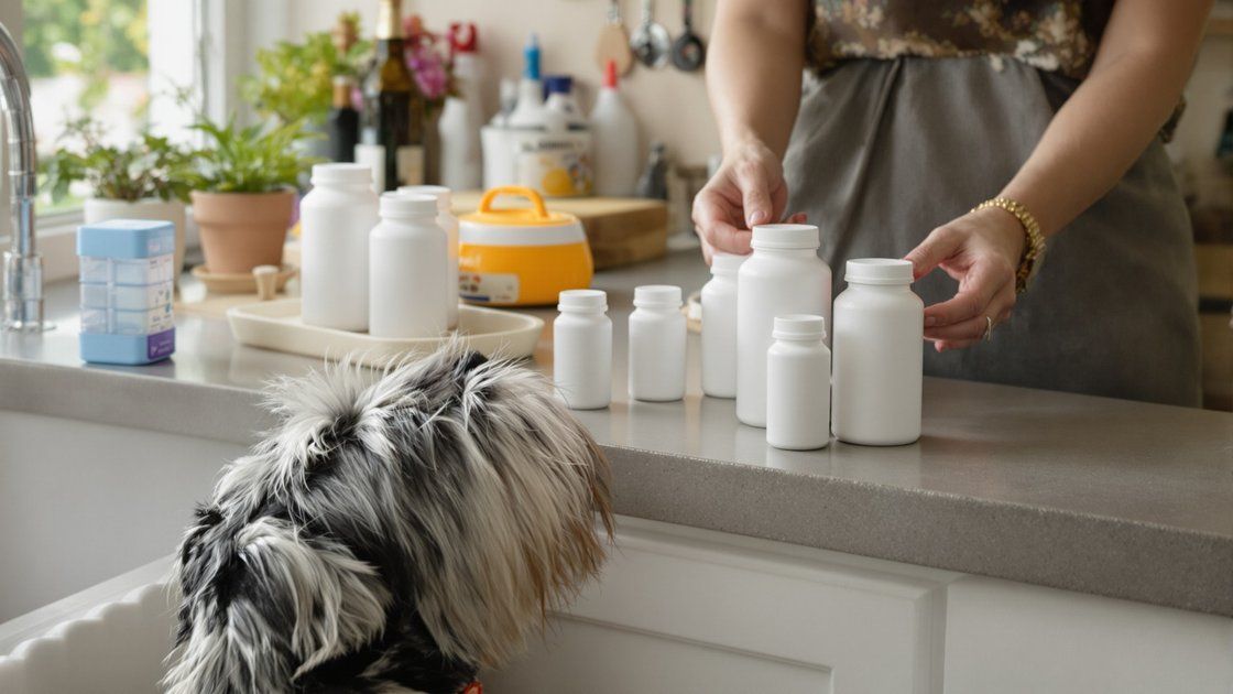 Kitchen counter with unlabeled pill bottles and a pill organizer, a shaggy terrier waiting below