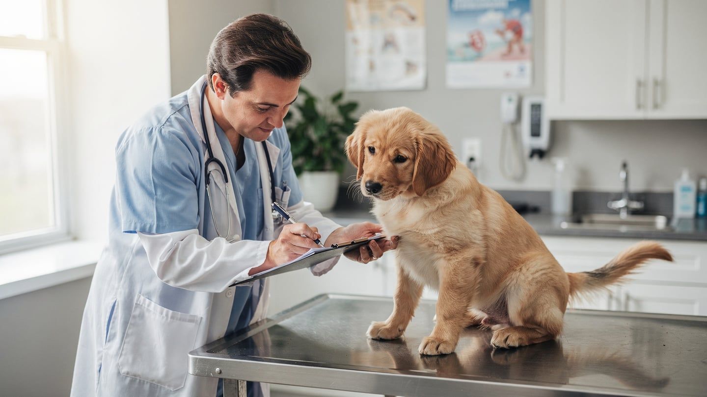 Pre-existing condition - vet writing notes during routine puppy exam