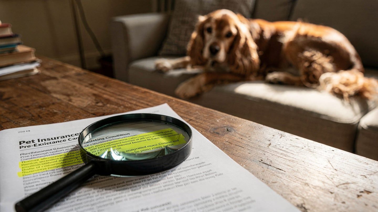 Pet insurance pre-existing - magnifying glass on policy fine print clause