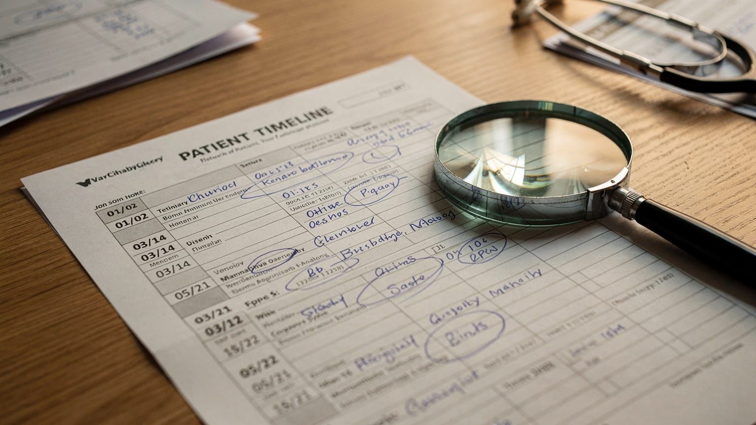 Symptom timeline - vet record document showing dates of clinical signs