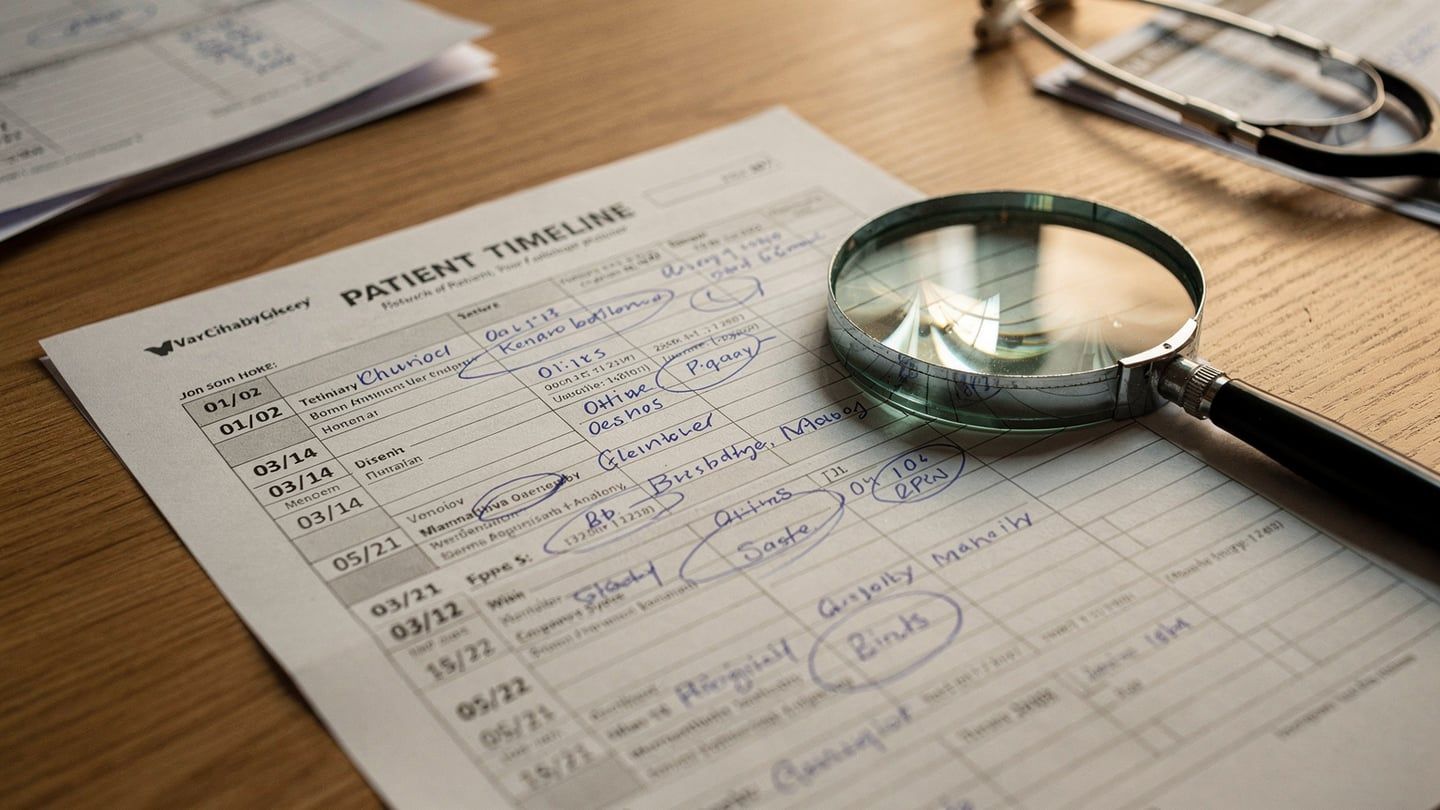 Symptom timeline - vet record document showing dates of clinical signs