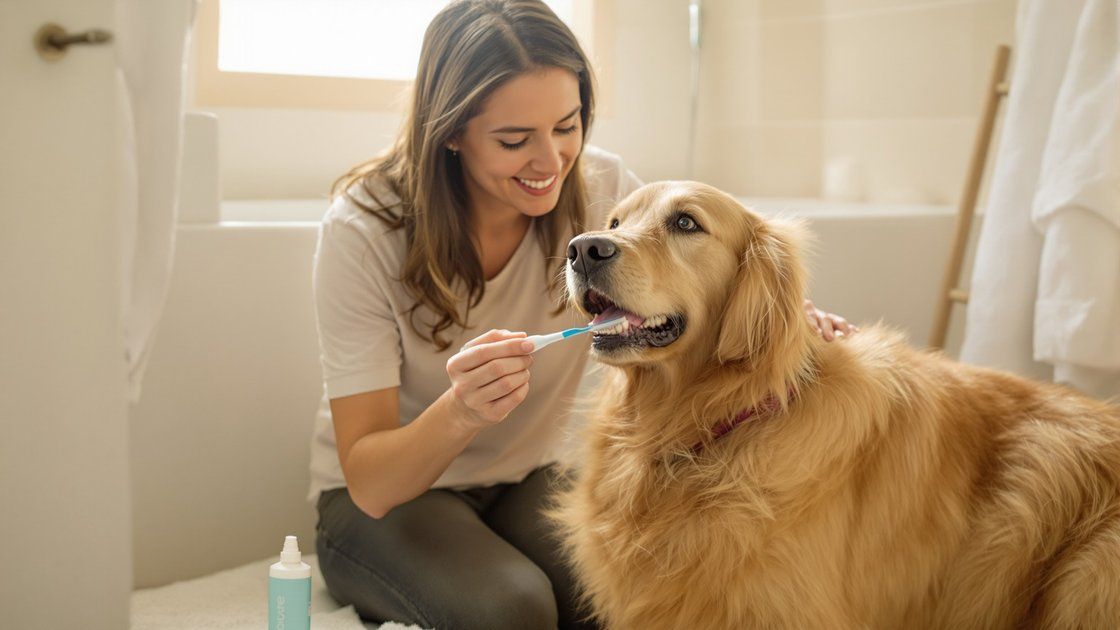 Prevence nákladných veterinárních účtů - majitel provádí rutinní domácí péči se zdravým psem