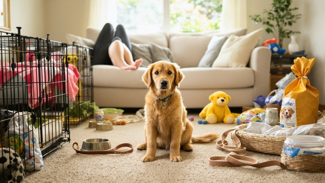 Puppy supplies laid out on a living-room floor with the puppy in the middle