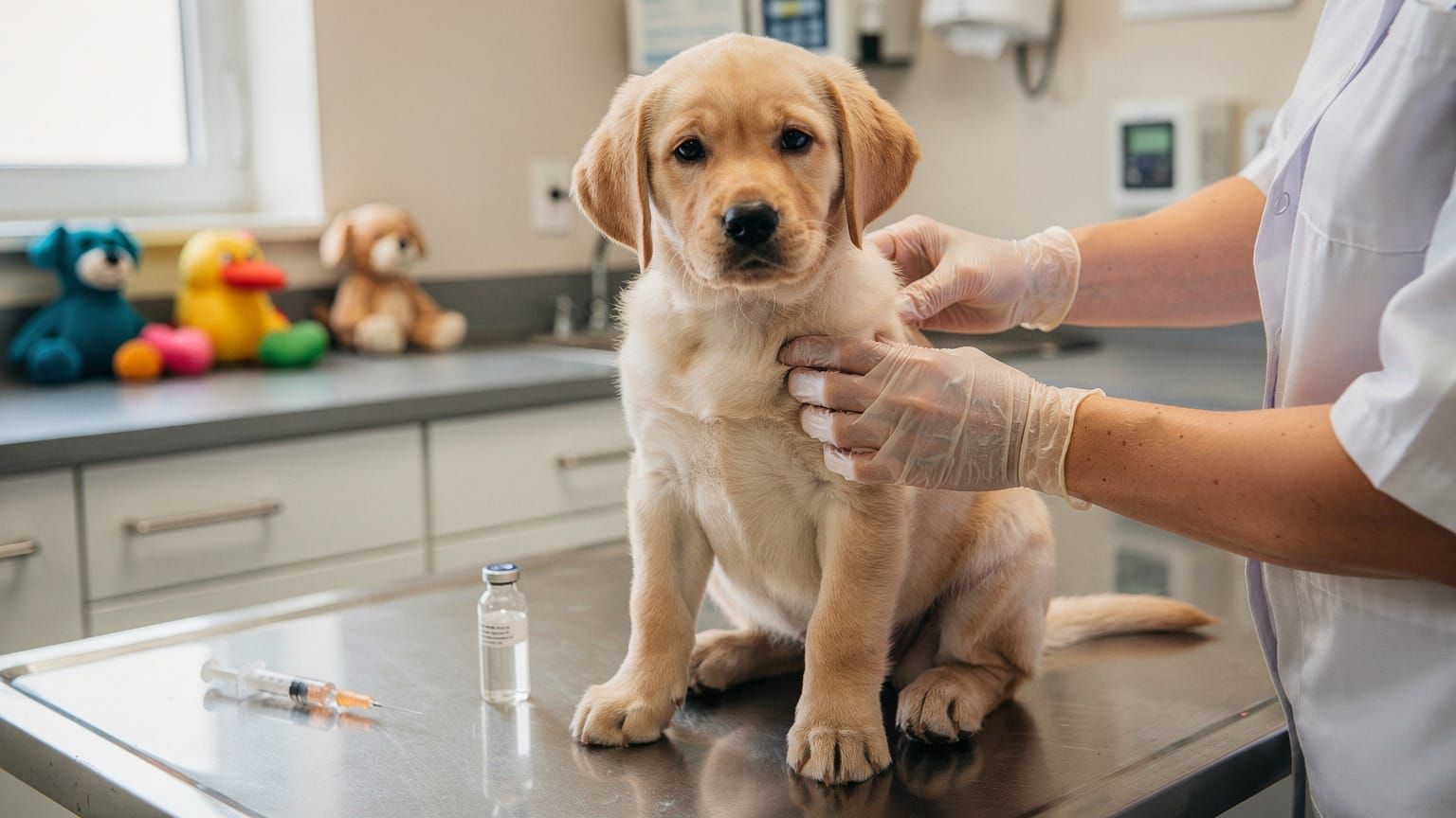Puppy first year cost - young puppy at home surrounded by supplies with a budget notebook