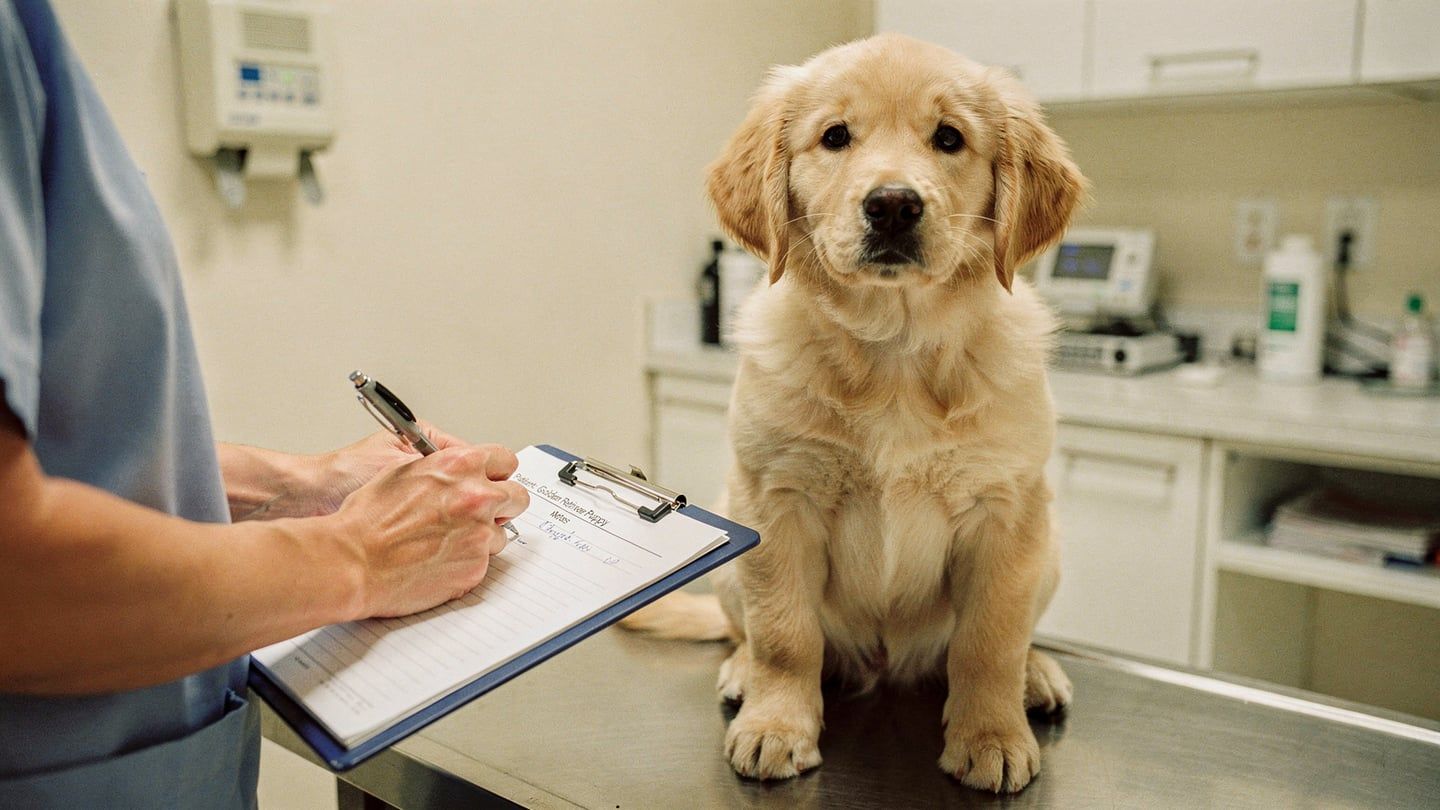 Pre-existing symptom loophole - vet taking notes while a healthy golden retriever puppy looks on