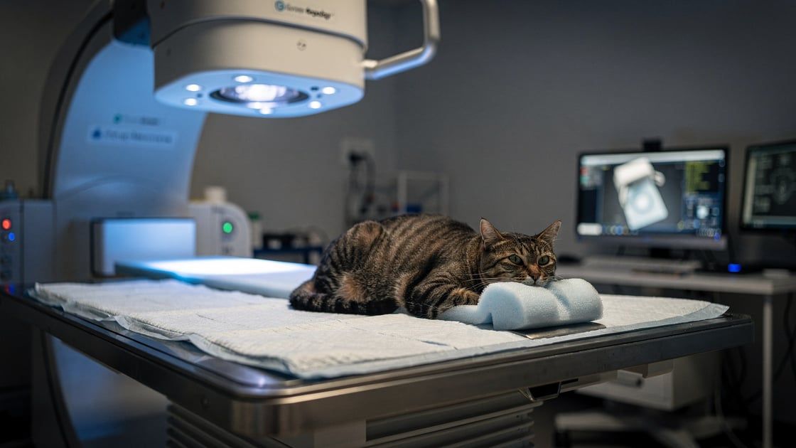 Veterinary linear accelerator delivering radiation therapy to a feline cancer patient