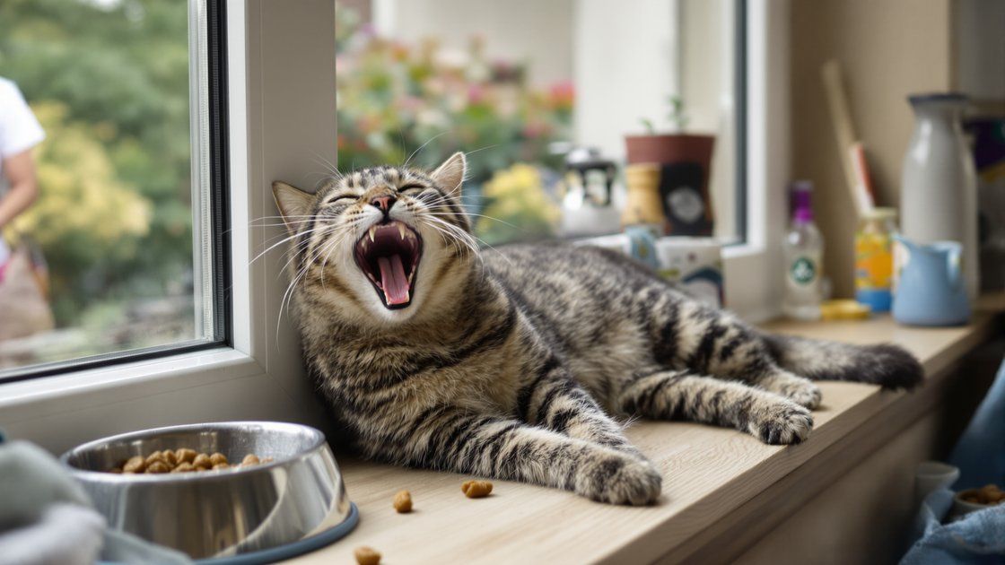 Grey tabby cat yawning on a windowsill beside its food bowl, dropped kibble on the floor
