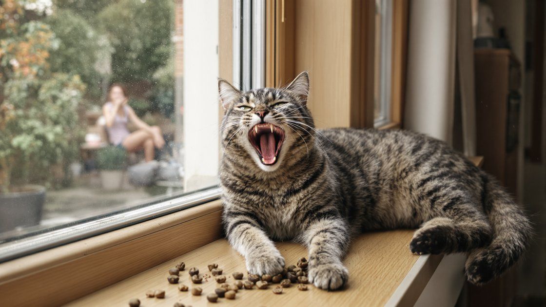Tabby cat on a sunny windowsill with scattered kibble below - cats with sore mouths drop food