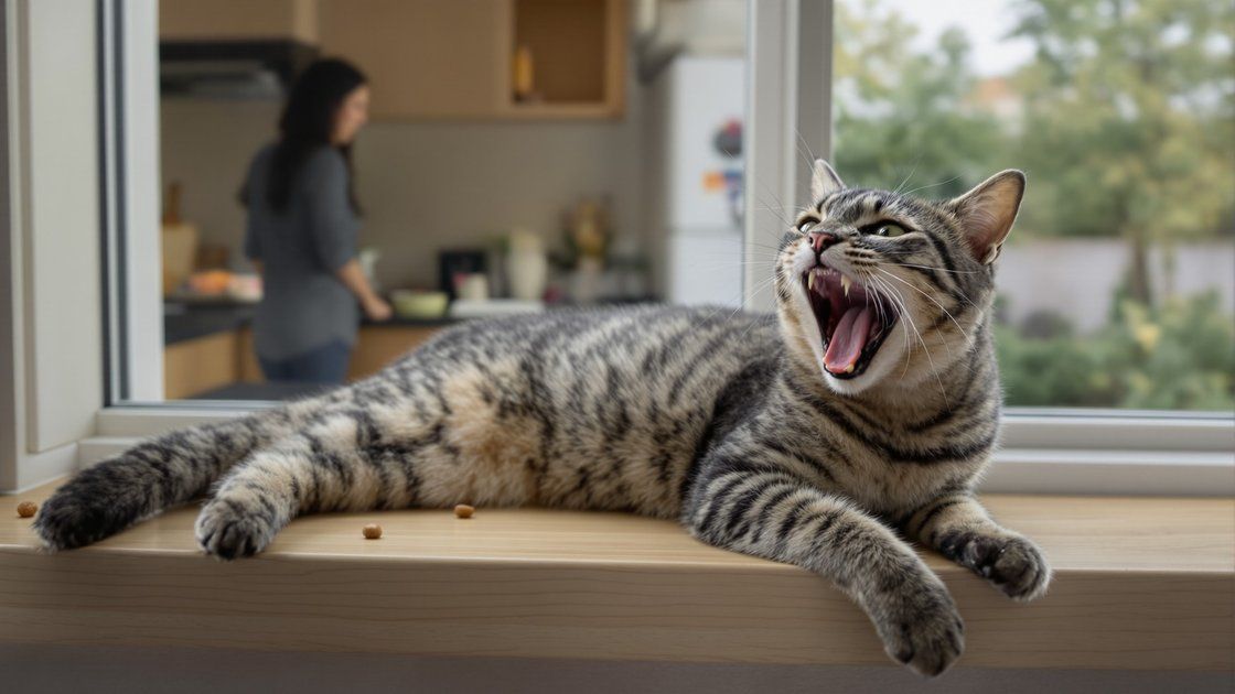 Grey tabby cat yawning on a windowsill, dropped kibble below - tooth resorption often shows as trouble eating