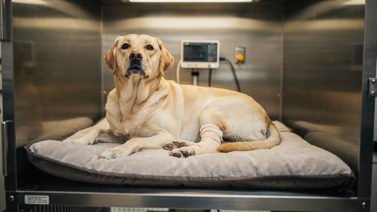 TPLO recovery - post-surgery lab in recovery kennel with leg support