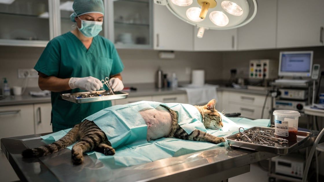 Veterinary surgeon performing feline tumor removal surgery in operating room