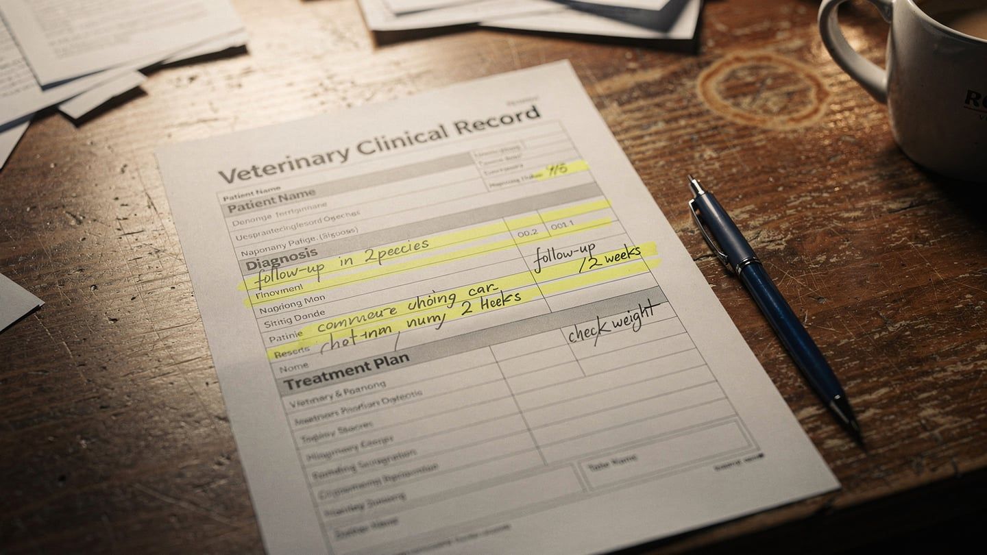Vet record words - highlighted phrases in printed clinical document