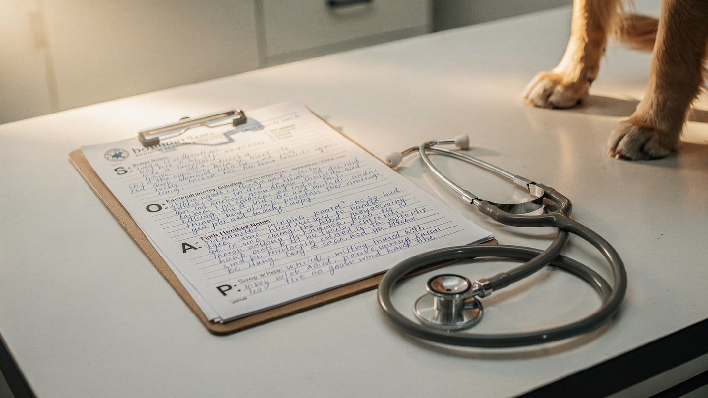 Vet records clipboard with handwritten SOAP notes - pet insurance reading guide