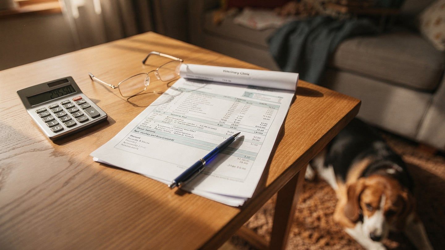 How much does a vet visit cost - itemized vet bill on home desk with calculator and dog